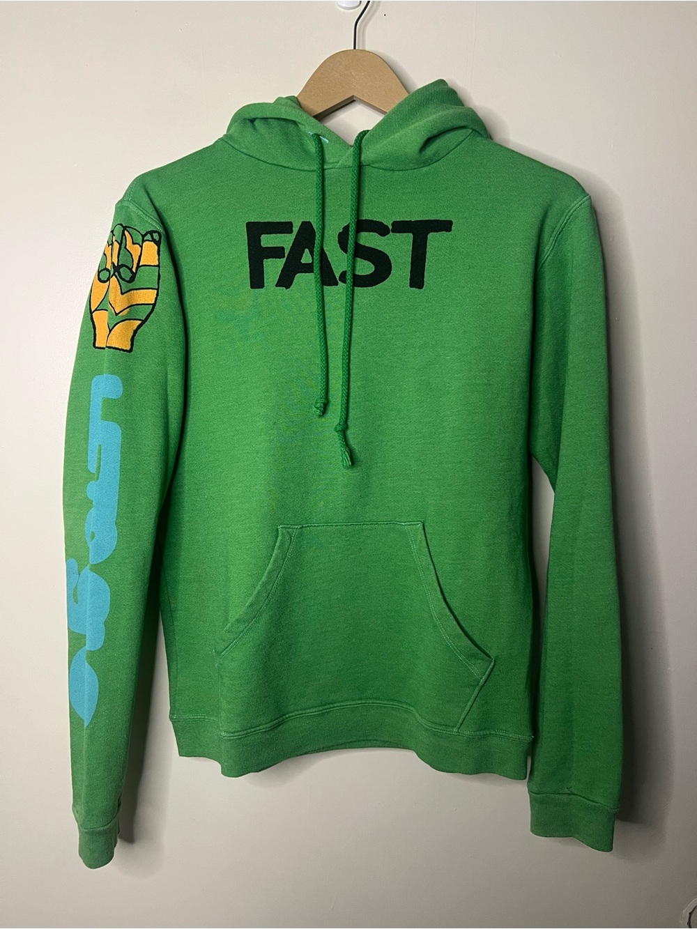 Free City Fast Faster Fastest Lets Go Pullover Green Hoodie Size 2 *FLAWS*